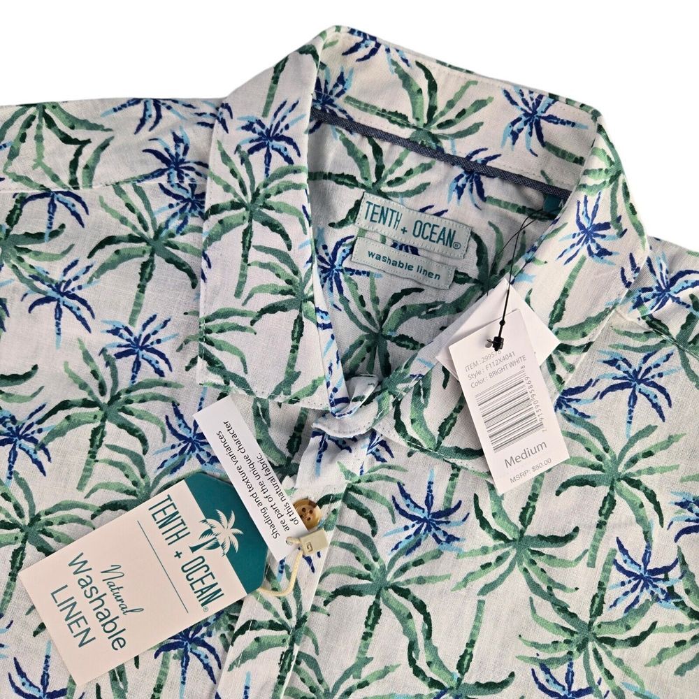 Tenth + Ocean F112X4041 Mens Medium White Palm Tree S/S Washable Linen Shirt - Picture 1 of 6